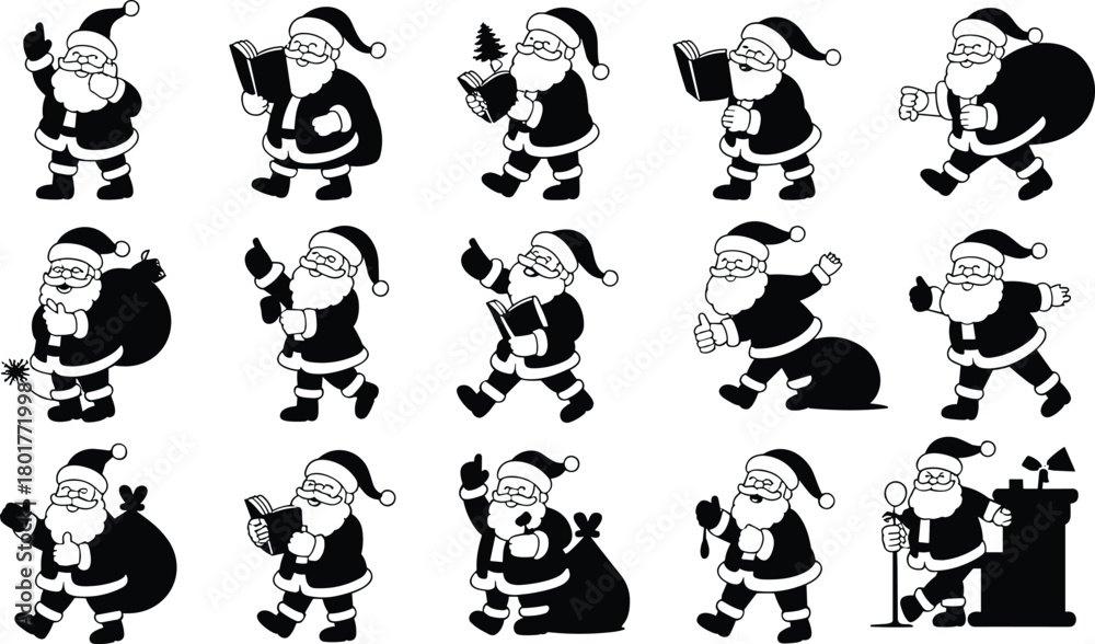 Fototapeta premium Santa, Claus, cartoon, character, Christmas, holiday, festive, silhouette, icon, vector, illustration, gift, joy, winter, celebration, pose, action, design, CAD, drawing, flat