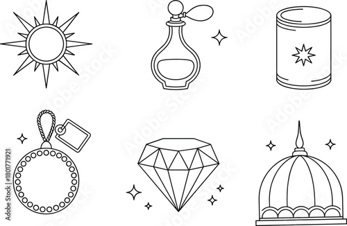Mystical holiday silhouette icons set, stylized sun, vintage perfume bottle, star emblem container, pendant medallion, gemstone, pavilion temple vector illustration