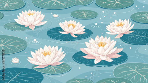 Water Lilies and Pads Floating on Calm Water Surface