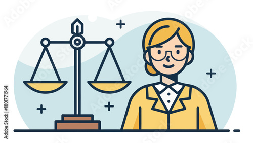 Woman paralegal next to scales of justice vector illustration