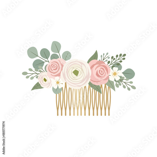 A floral comb displays pink white and green flowers and leaves.