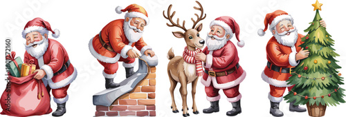 Santa Claus Christmas illustration set, chimney gift delivery, reindeer companion, tree decoration, holiday sack, cheerful festive seasonal artwork collection
