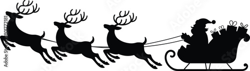 Santa, sleigh, reindeer, Christmas, holiday, festive, winter, celebration, silhouette, gifts, present, flying, motion, vector, illustration, CAD, drawing, flat, design, template, icon