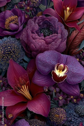 Rich purple and black floral pattern with orchids and bold petals for dramatic visual impact