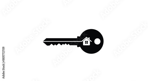 Black silhouette of a house key with a small house icon integrated into its bow representing home ownership and security