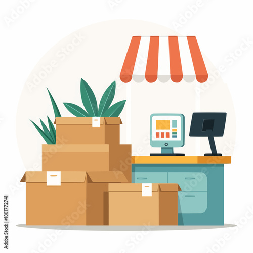 Stacked cardboard boxes on floor near cash register counter in store  