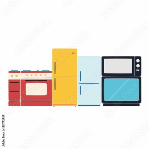 Home appliance sale with refrigerators and TVs lined in row, a modern and sleek flat vector design  