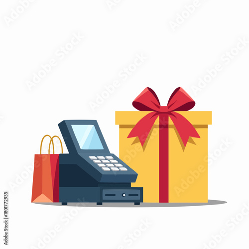 Modern cash register beside gift box with ribbon and shopping bags  