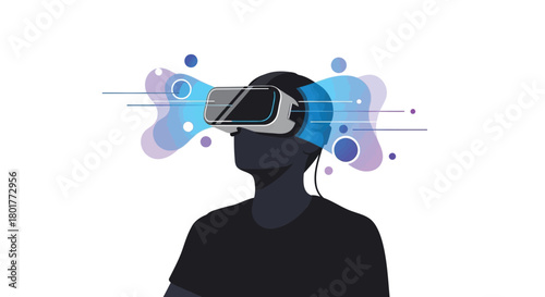 Person wearing virtual reality headset experiencing digital world with glowing abstract graphics and data streams