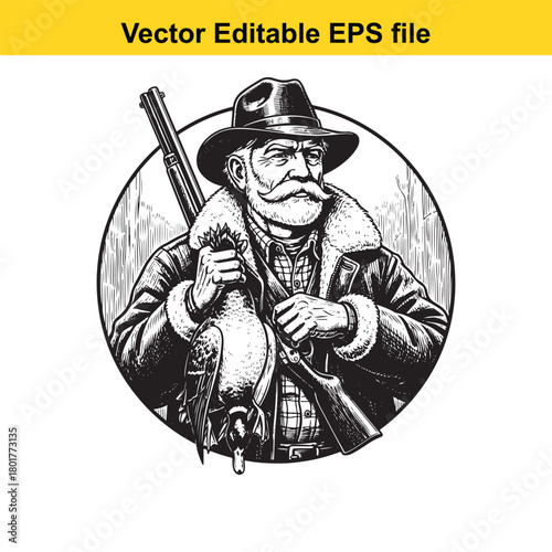 Vintage hunter with shotgun and duck, black and white illustration, vector art, isolated on