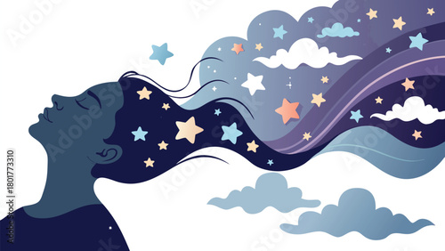 Dreamy escape illustration of woman immersed in cosmic thoughts, connecting with imagination, perfect for wellness, meditation, and inspirational art projects