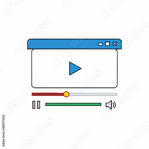 Minimalist video player interface with blue accents on white backdrop. Video player design is sleek and user-friendly, featuring playback controls and progress bar.
