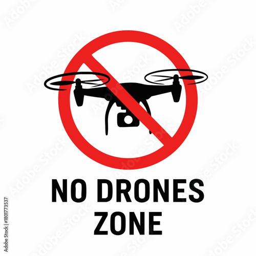 No drones zone featuring quadcopter in forbidden sign. No drones area highlights regulations for unmanned aerial vehicles. Sign no drones zone for privacy, safety, and security,