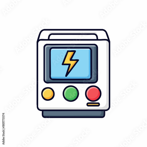 Defibrillator machine illustrated with lightning symbol on display. Portable defibrillator used in emergency situations. Showing cartoon defibrillator icon, perfect for illustrating medical urgency.