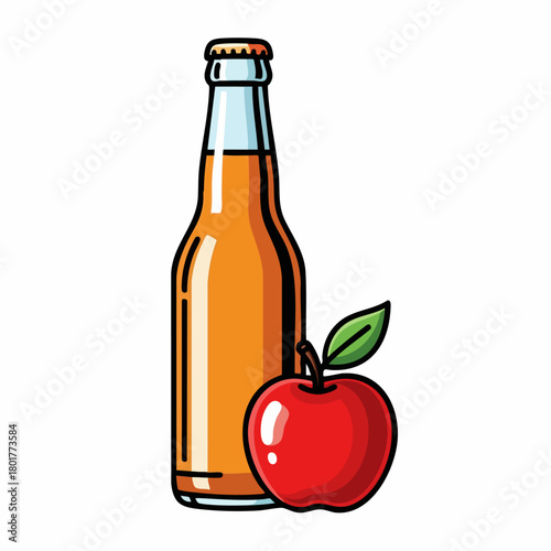 Apple cider illustration of drink in bottle with ripe fruit, perfect for summer refreshment. Refreshing apple cider featuring drink presentation complements fruit.