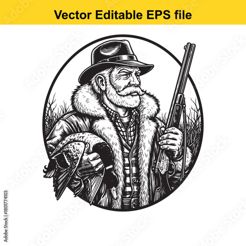 Oldfashioned hunter with shotgun and duck, black and white illustration, vector art, isolated on