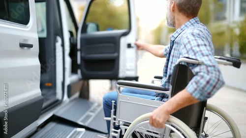 Man in wheelchair using van accessibility defocused lift, faceless disability transport, mobility visualization detail, blurred city background, physical disability concept, vehicl