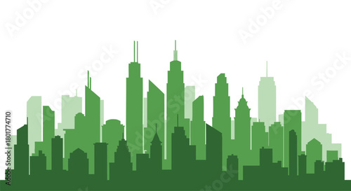 Modern city skyline silhouette in varying shades of green against a white background