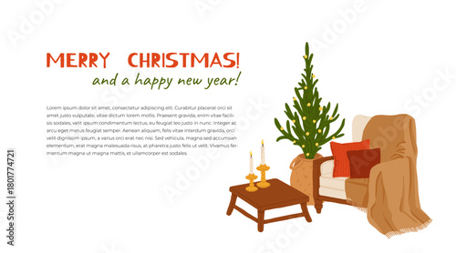 Christmas cozy armchair with blankets and pillows. Warm festive winter interior scene, comfy hygge holiday home decor illustration.