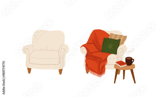 Christmas cozy reading armchair with blankets and pillows. Warm festive winter interior scene with table, cup of coffee and a book, comfy hygge holiday home decor illustration.