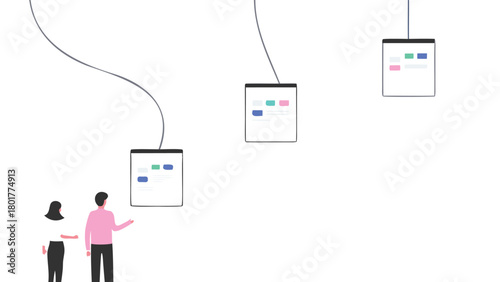 Minimalist vector illustration of diverse people collaborating and organizing floating furniture in a clean modern space emphasizing teamwork and interior design