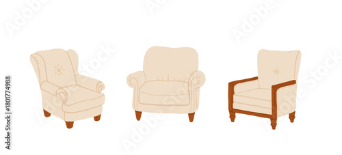 Cozy beige armchair illustration. Soft comfortable reading chair, warm interior furniture element, cute cartoon home decor seat for hygge living room, autumn or winter cozy home design.