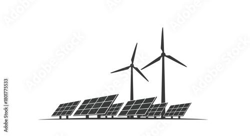 Clean energy generation with solar panels and wind turbines on a white background