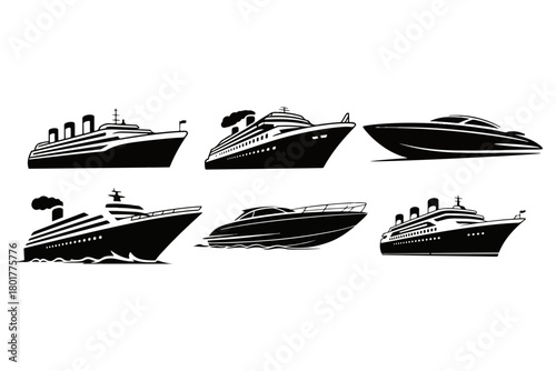 A diverse collection of black and white vector icons featuring various sea vessels, including cruise ships, luxury yachts, and speedboats for maritime themes
