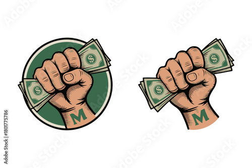 Fist full of cash, hand holding money, symbol of wealth and financial power, illustration