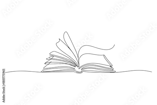 One continuous line drawing of an open book, symbolizing knowledge, learning, and education, ideal for educational or literary projects