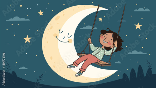 Dreamy night scene of a girl joyfully swinging on a crescent moon under starry skies, evoking childhood wonder and imagination for bedtime stories