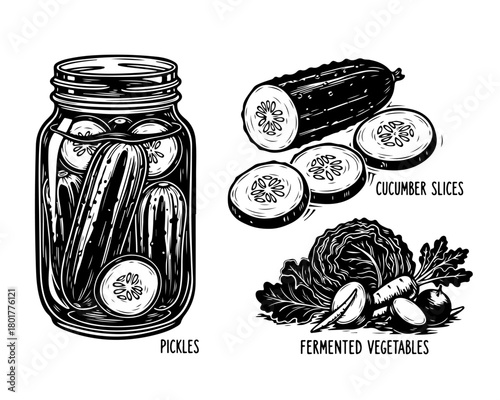 A collection of black and white vintage illustrations showing a jar of pickles, sliced cucumbers, and various fermented vegetables.