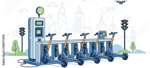 Electric scooter charging station in a city with drone flying above