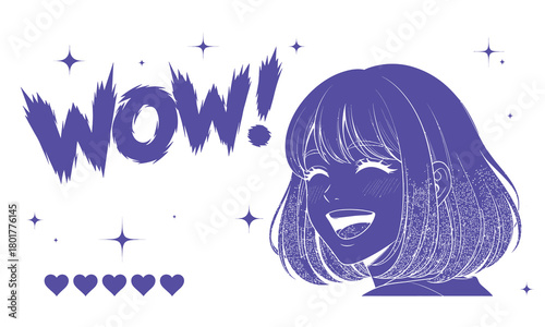 Purple anime girl exclaiming wow isolated on