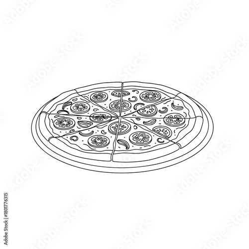 Pizza with pepperoni slices in black and white illustration  