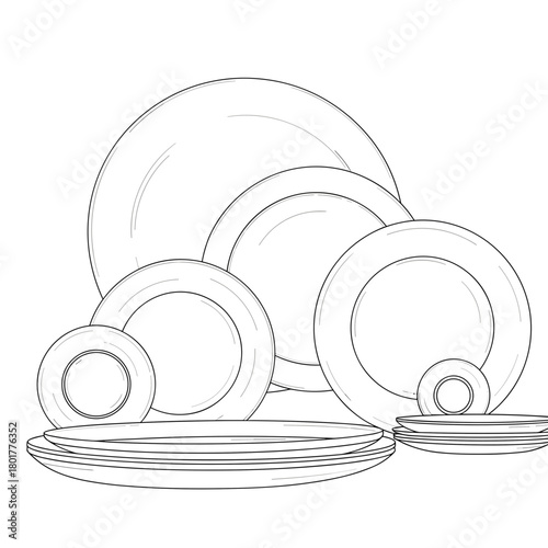 Line drawing of different sizes of plates stacked together  