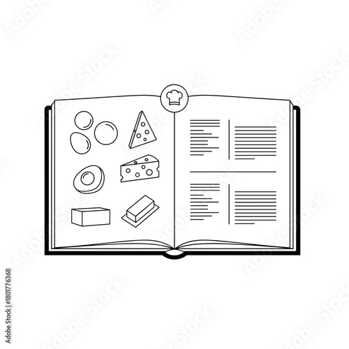 Open cookbook displaying food ingredients and recipes in black and white  