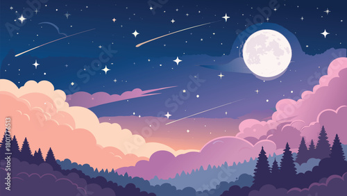 Enchanting night landscape with full moon, shooting stars, and pastel clouds for dreamy designs, magical backgrounds, and imaginative story visuals