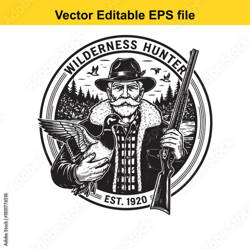 Wilderness hunter with rifle and duck, vintage emblem, isolated on