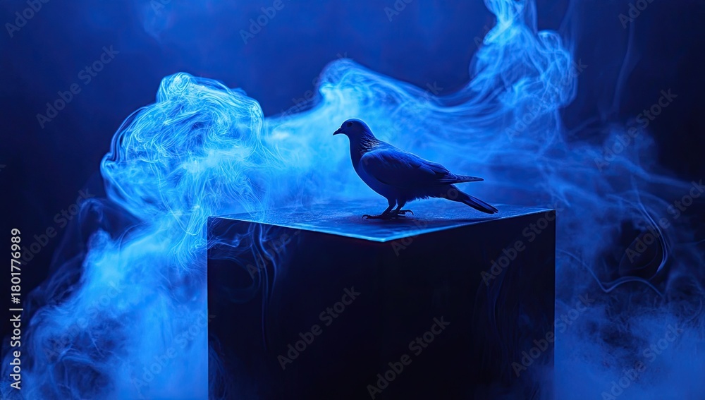 Naklejka premium A black cube with blue smoke swirling around it, with a bird perched on top of the box