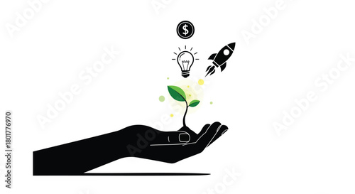 Silhouette of a hand holding a sprouting plant with business and innovation icons rising above