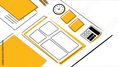 Organized modern workspace viewed from above featuring a desk with computer notepad pens and a coffee mug suitable for business or creative concepts