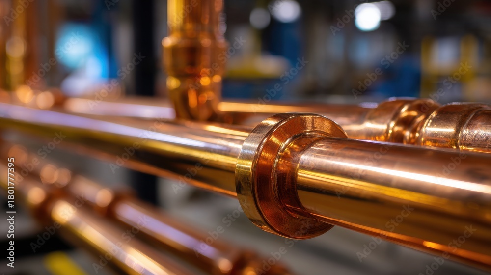 Obraz premium Stunning photo of closeup of shiny copper pipes and plumbing in an industrial setting.