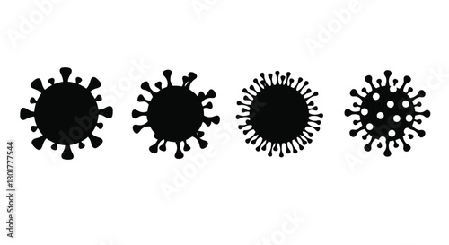Four black corona viruses in a row, vector icon