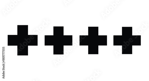 Four black plus signs in a row, simple vector icon