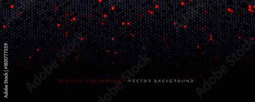 Futuristic dark hexagon honeycomb tech background, red glowing particles for cyber, data, gaming, esports, websites, presentations. Black Hi-tech backgrounds for banners and apps. Vector illustration