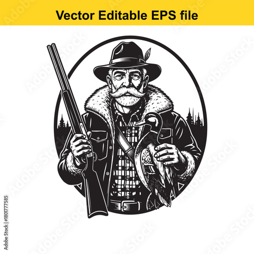 Portrait of a bearded hunter in hat and coat holding a shotgun and a duck, vintage illustration