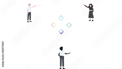 Futuristic digital interface with diverse people interacting and floating around a vibrant glowing 3d holographic display representing technology and connection