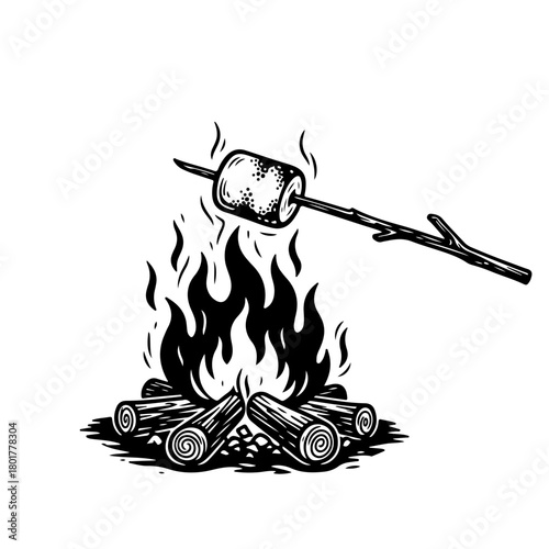 A marshmallow on a wooden stick being roasted over a crackling campfire in a black and white illustration style.