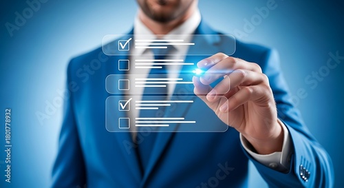 Businessman in a blue suit using a stylus to check off items on a glowing digital checklist, symbolizing task completion, productivity, and business success